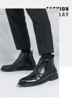 Nuevas botas cortas en contraste, zapatos de cuero altos con cordones de negocios de moda para hombres británicos - details 8