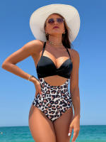 Traje de Baño de Una Pieza de Leopardo Sexy Bra Cruzado Hueco, Color Sólido - details 6