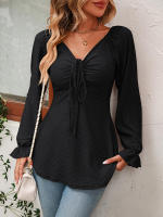 Blusa acampanada de manga larga con cuello en V para mujer, camiseta Sexy con cordón en la cintura, Tops elegantes para primavera y otoño, 2023 - details 21