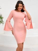 Elegante y bonito vestido Midi de manga larga para mujer, de Color sólido vestido ajustado, falda de cuello redondo que cubre la cadera - details 2