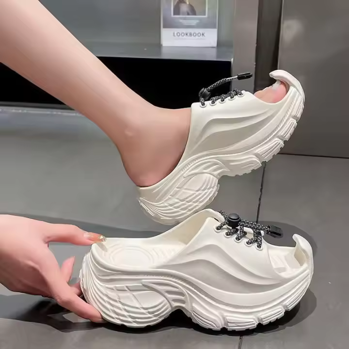 Sandalias con cordones de suela gruesa para mujer, zapatillas de playa al aire libre con aumento de altura, diseño de zapato plano, verano 2025 - 1