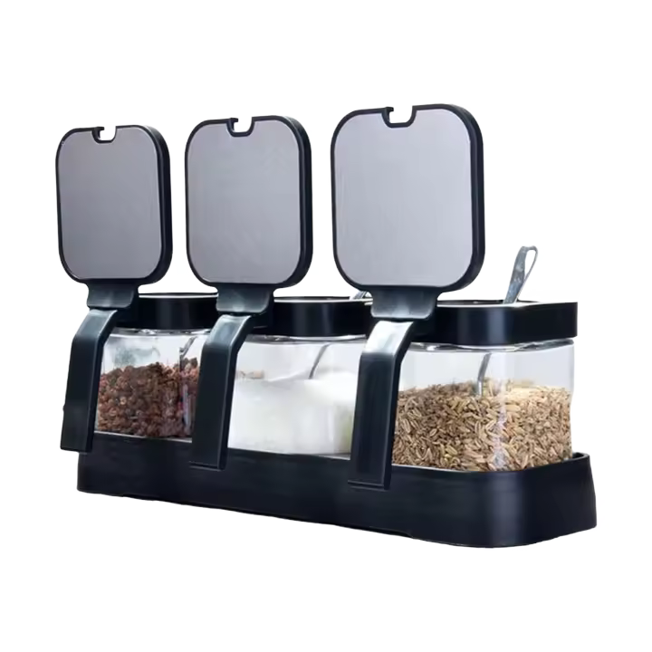 Juego de 3 tarros de vidrio resistentes al calor, tapa plegable con cuchara de acero inoxidable, estuche para condimentos, especias, semillas, - 1