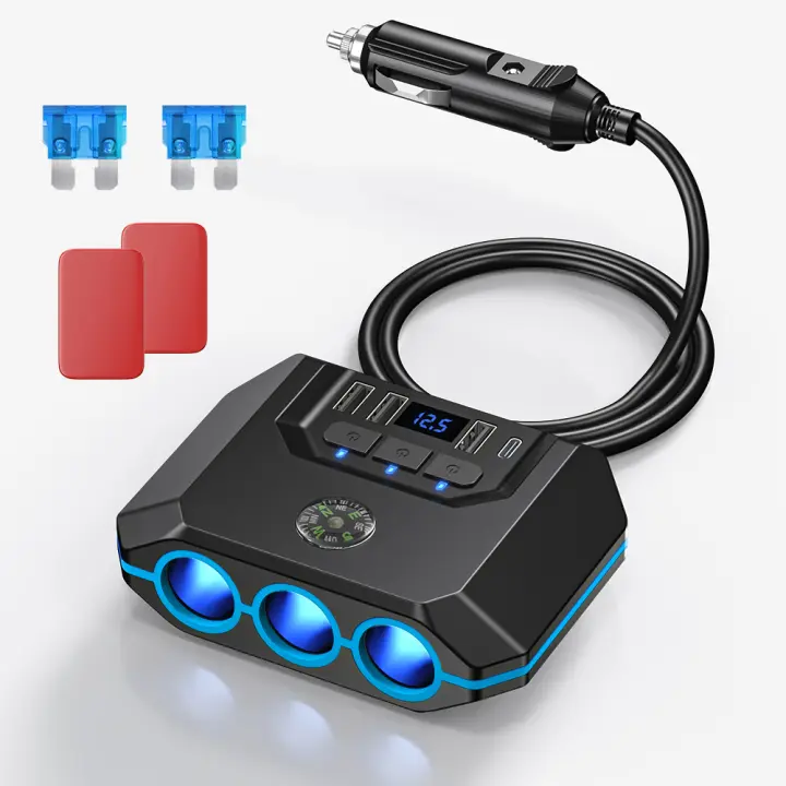 Adaptador de cargador de coche 7 en 1 de 120W para teléfono, portátil, GPS, PD, 3 enchufes, encendedor de cigarrillos, divisor de carga con interruptores independientes - 1