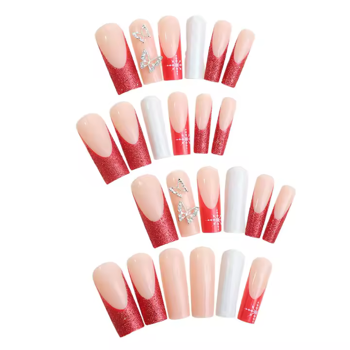 Uñas artificiales de mariposa brillante para mujeres y niñas, manicura francesa de 24 piezas, con borde rojo, para salón de uñas en casa - 1