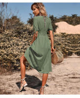 Vestido de verano de longitud media para mujer, vestido de color liso con cuello en V y manga corta - details 17