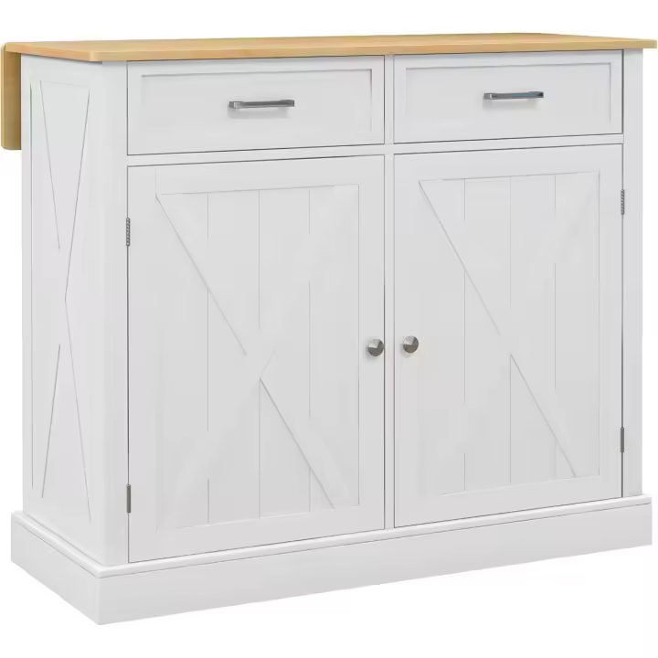 Carrito de cocina con encimera de madera plegable, 2 puertas, 2 cajones, estante ajustable y 4 ruedas, 105x60x90,5 cm, blanco - 1