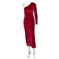 Vestido Bodycon De Veludo Elegante Para Mujer Con Abertura Lateral Manga Larga Para Fiesta Noche Primavera Otoño Vestido Midi Ajustado - details 11