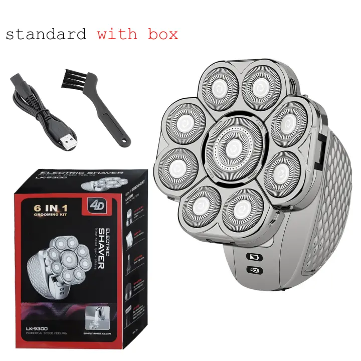 Hombres cabeza calva Afeitadora eléctrica 9 cuchillas flotantes 6 In1 cabezas barba oído nariz pelo trimmer Clipper facial Cepillos recargable Maquinillas de afeitar - 1