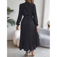 Elegante vestido corto de otoño invierno para mujer, con cuello alto, mangas plisadas y falda larga. - details 36