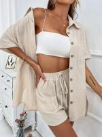 Conjunto de camisa de dos piezas de color sólido con pantalones cortos de moda para mujer, informal, suelto, manga corta, una sola fila - details 36