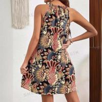 Vestidos bohemios de verano para mujer, vestido Vintage con estampado integral y cuello Halter, Vestidos de vacaciones con temperamento colgante sin mangas - details 2