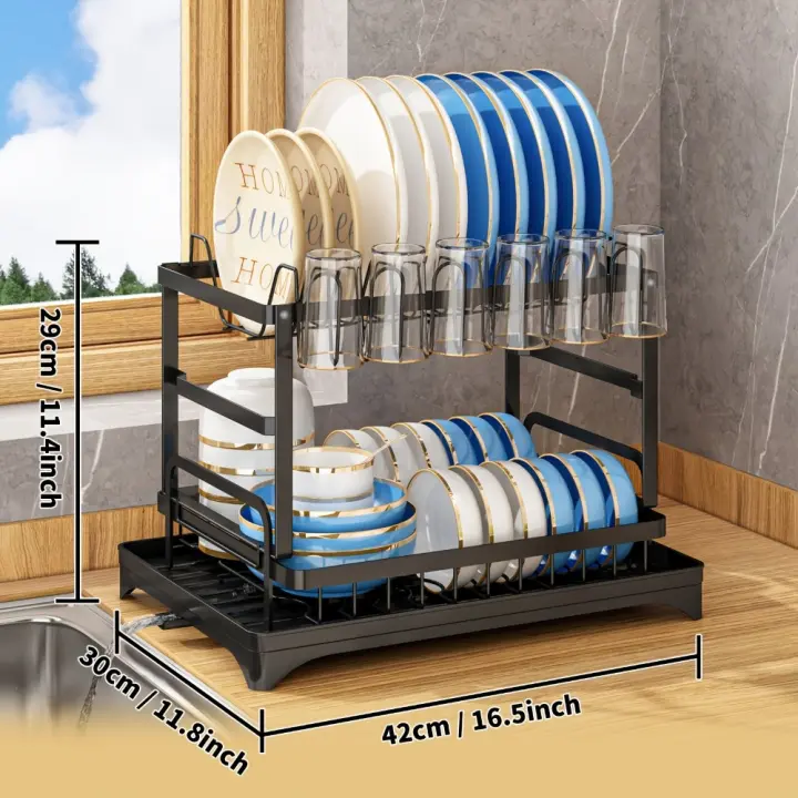 Estante de secado de platos de 2 niveles de acero al carbono, escurridor a prueba de herrumbre, estante de almacenamiento de platos de cocina, estable de alta calidad - 1