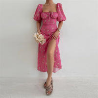 Vestido de mujer, novedad de verano 2025, vacaciones, pausa para el té, cuello cuadrado, falda de longitud media, mangas de burbuja, vestido con abertura Floral francés - details 42