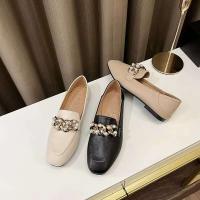 Mocasines de piel auténtica para mujer, cadena de tacón bajo, tacón grueso, tacones altos, zapatos de mujer antideslizantes con punta redonda, albaricoque de primavera - details 3