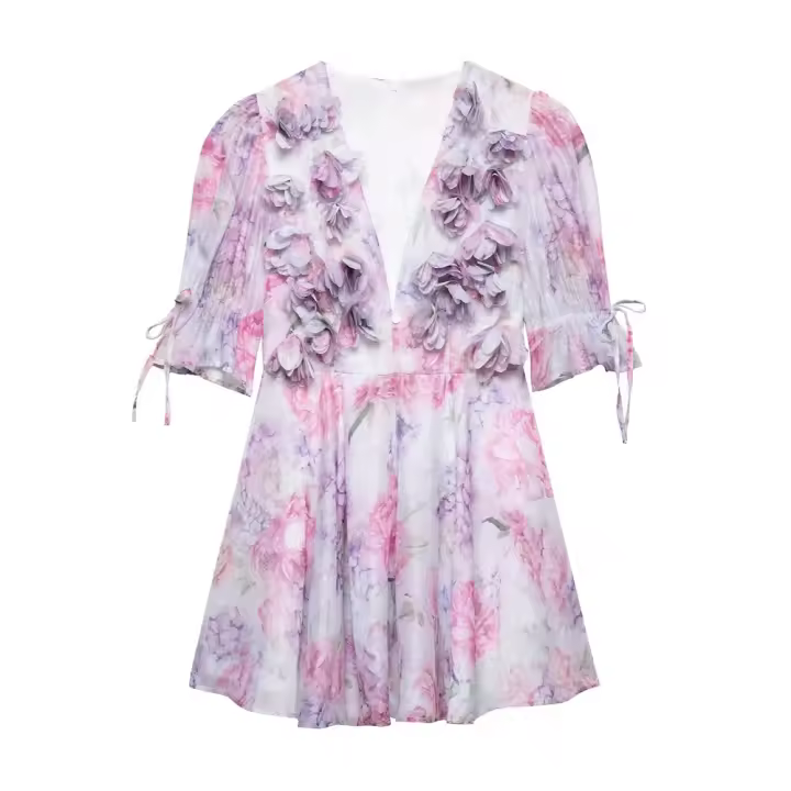 Elegante Vestido A-Línea Suelto con Manga Abullonada Cuello en V Material de Poliéster - 1
