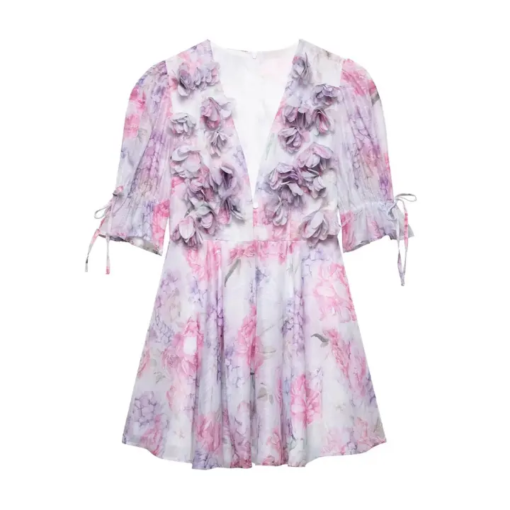 Elegante Vestido A-Línea Suelto con Manga Abullonada Cuello en V Material de Poliéster - 1