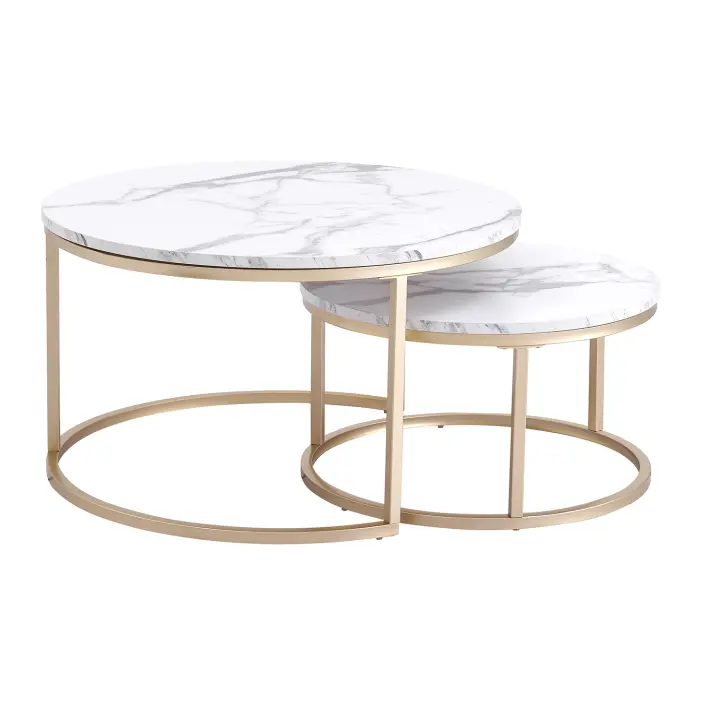 Mesa de centro con textura de mármol para sala de estar, 2 piezas, sofá lateral, mesa redonda de té, 2 en 1, combinación de muebles, Blanco dorado - 1