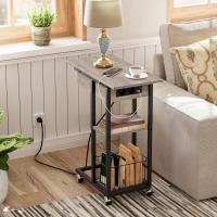 Mesa Auxiliar con Estación de Carga, Mesa de Centro Abatible en Forma de C con Ruedas y Estante de Almacenamiento, Puertos USB Tomas Corriente, para Salón Dormitorio, Greige y Negro EBG022SF01 - details 1