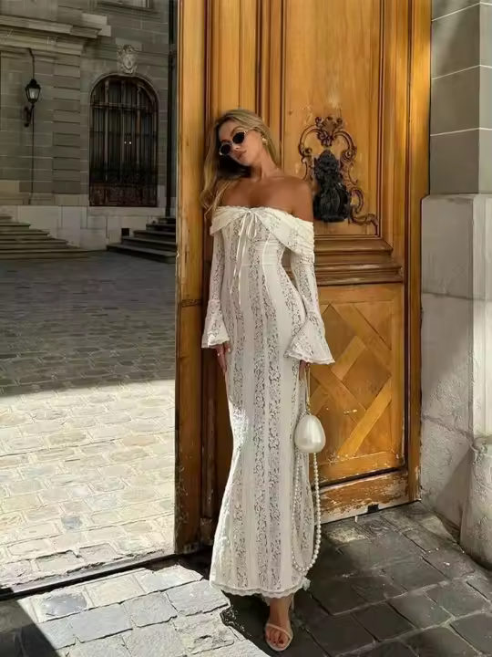 Vestido largo acampanado de manga larga con corte elegante, Vestidos ceñidos con hombros descubiertos y cordones para mujer, prendas de vestir para mujer 2025 - 1
