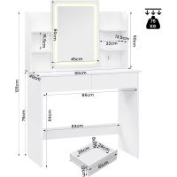 Tocador Maquillaje con Luz y Espejo, LED Ajustable, Mesa Tocador con Regleta de Enchufes, 2 Cajones y 4 Estantes, Tocador Blanco, 90x40x135 cm - details 26