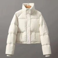 Women short thick cotton padded puffer jacket winter stand collar zipper basic coat outwear - details 31