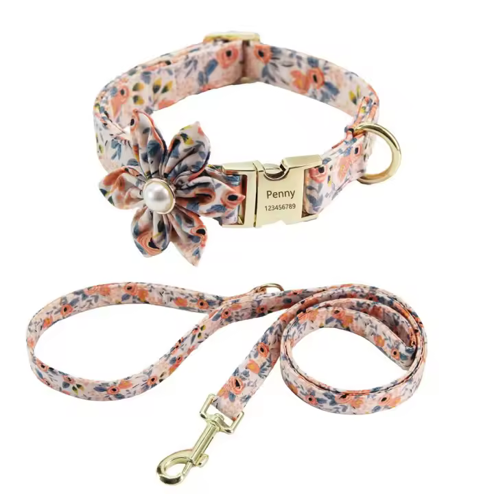 Collar para mascotas (cuerda + collar + diseño floral con cuentas-Rosa melocotón L 2,5 (39-60CM) - 1