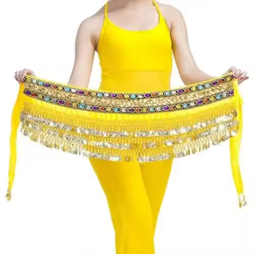 TRE Cinturón de terciopelo para danza del vientre, bailarina india, pañuelo de cadera, cuentas y tres monedas de rendimiento de entrenamiento - 1