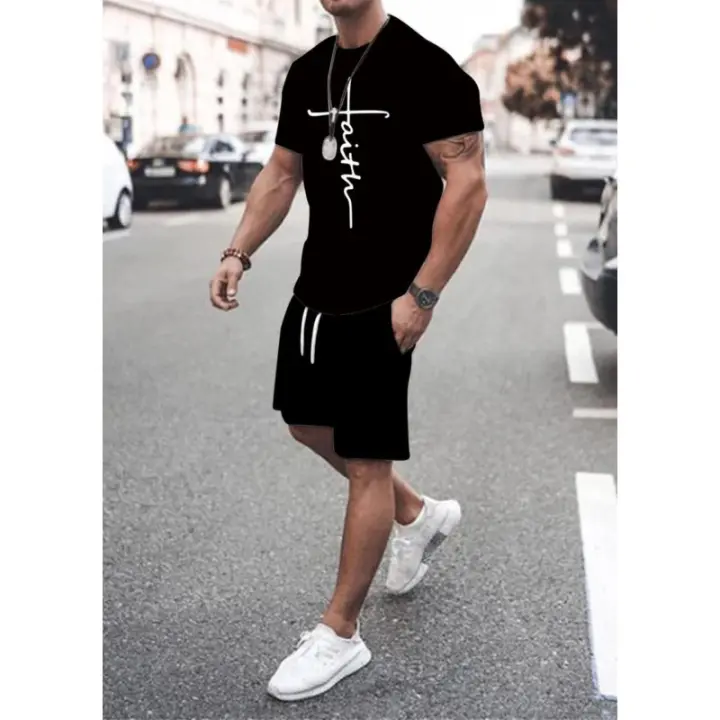 Hombres Cross Faith Black Sport Suit Camiseta de manga corta Camiseta sedosa Pantalones cortos SET - 1