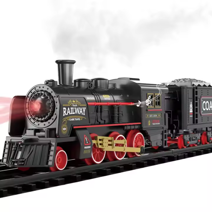 Tren de vapor clásico vintage, tren eléctrico de batería, locomotora de ferrocarril, juguetes de tren con rociador de agua, luz y sonido - 1