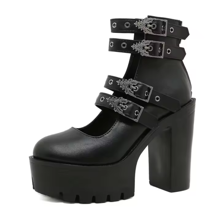 Dropshipping logo otoño nuevo artículo negro estilo gótico tacones altos gruesos zapatos de mujer hebilla de metal cinturón botas de suela gruesa - 1
