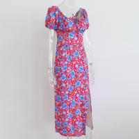Vestido de mujer, novedad de verano 2025, vacaciones, pausa para el té, cuello cuadrado, falda de longitud media, mangas de burbuja, vestido con abertura Floral francés - details 13