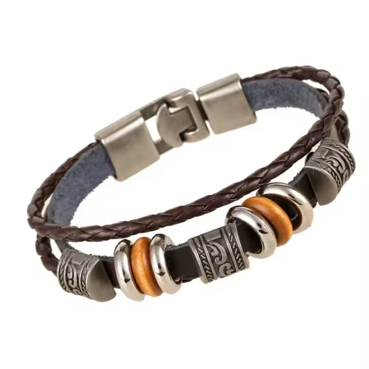 Conjunto de 1 pulsera de cuero multicapa artesanales cuentas minimalistas, joyería occidental trendy para hombre, regalos para hombre - 1