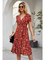 Summer floral print women boho short sleeve v neck split elegant a line party beach dress - details 11