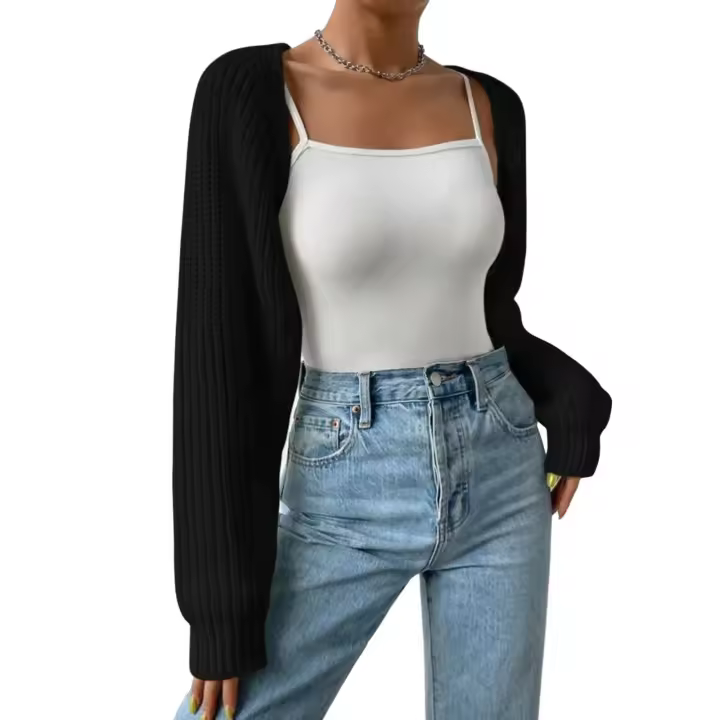 Chaleco de crochet para mujer, casual, manga larga, color liso, punto ranurado, suéter Bolero - 1