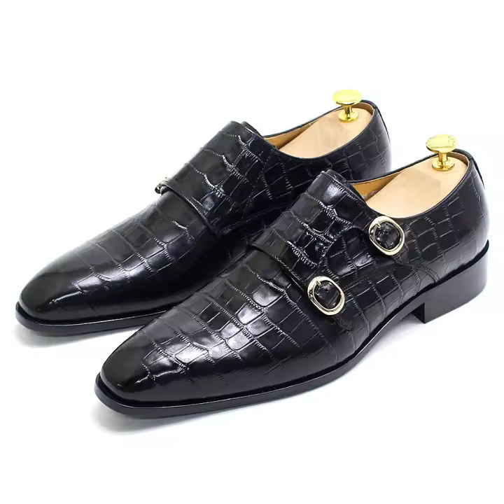 Zapatos italianos de cuero hechos a mano para hombre, zapatos de cuero con patrón de cocodrilo de doble hebilla para negocios - 1