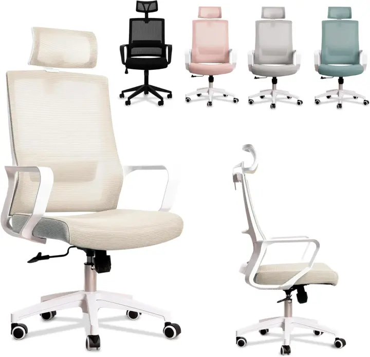 Silla de Oficina Ergonómica Ajustable Transpirable, Soporte Lumbar, Reposacabezas Ajustable, Ruedas Giratorias 360° Soporte hasta 100kg Azul - 1