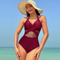 Traje de baño de una pieza 2025, traje de baño de bikini de malla de color sólido para mujer - details 4