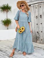 Nuevo estilo suelto cuello redondo vestido de manga media falda larga floral casual retro - details 7