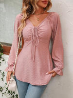 Blusa acampanada de manga larga con cuello en V para mujer, camiseta Sexy con cordón en la cintura, Tops elegantes para primavera y otoño, 2023 - details 4