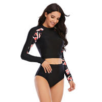 Conjunto de tankini corto de manga larga con estampado floral, cintura alta, corte alto y cuello alto, traje de surf y buceo con - details 5