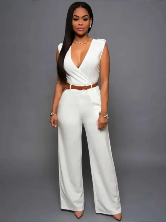 Elegante Mono de Fiesta para Mujer Cuello Profundo V, Ajuste Delgado, Color Sólido, Estilo de Oficina con Cinturón - 1