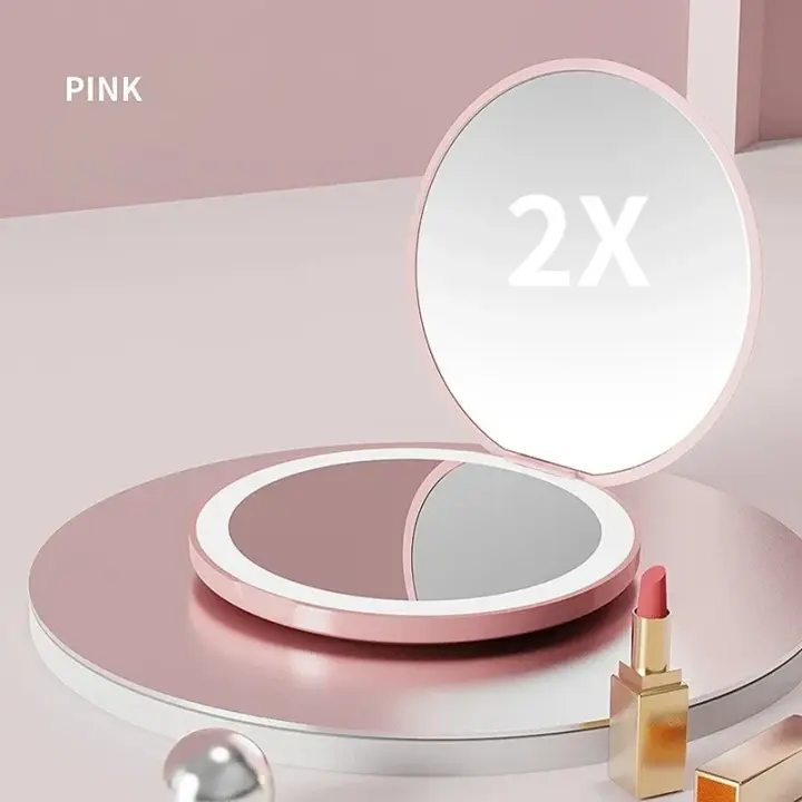 Espejo de Maquillaje Luminoso LED Portátil Pequeño, Plegable, Luz USB, Espejo Magnificado Compacto para Cosméticos - 1