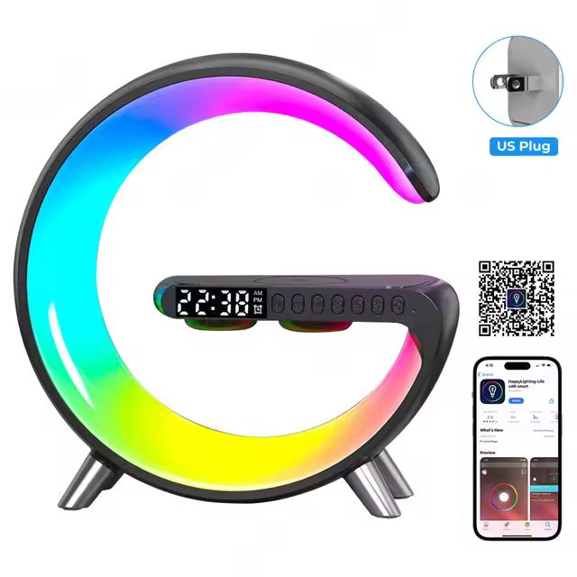 Reloj despertador inteligente con luz LED, cargador inalámbrico multifuncional, Altavoz Bluetooth, Control por aplicación - 1