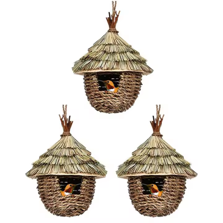 Casa para pájaros, 3 uds., casa colgante tejida a mano para anidar, nido de pájaros de césped Natural para jardín, Patio - 1