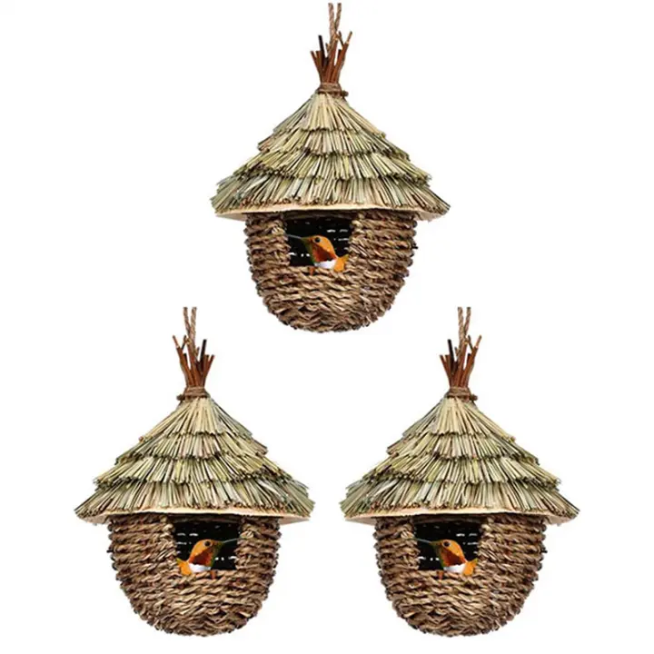 Casa para pájaros, 3 uds., casa colgante tejida a mano para anidar, nido de pájaros de césped Natural para jardín, Patio - 1