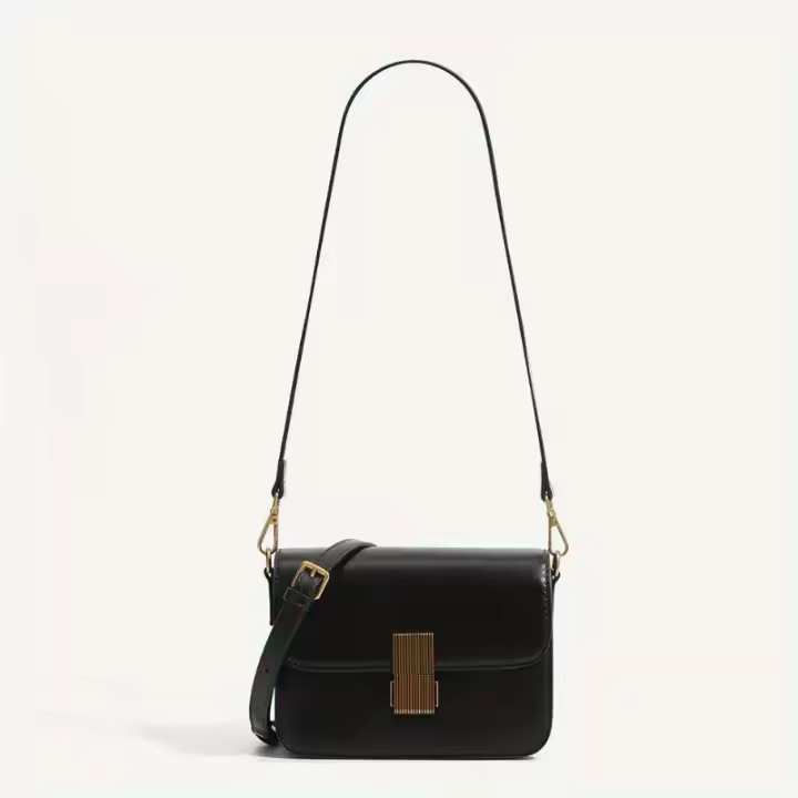 Bolso bandolera convertible para mujer - Negro con detalles en tonos dorados, correa desmontable, cierre a presión, súper fibra de alta calidad, diseño compacto espacioso para uso diario y formal, bolso de viaje versátil, bolso con textura brillante - 1
