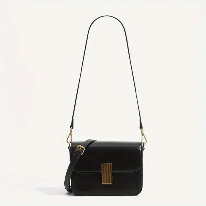 Bolso bandolera convertible para mujer - Negro con detalles en tonos dorados, correa desmontable, cierre a presión, súper fibra de alta calidad, diseño compacto espacioso para uso diario y formal, bolso de viaje versátil, bolso con textura brillante - 1