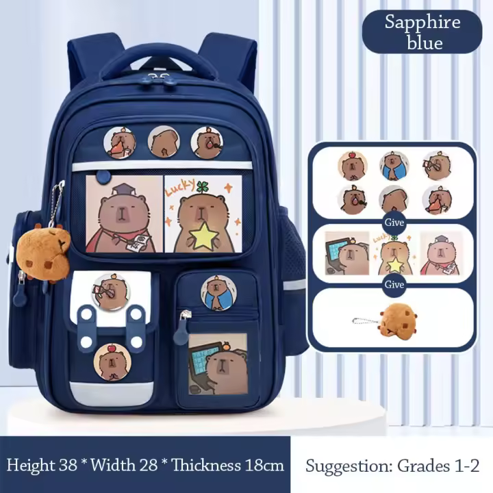 Mochila impermeable de capibara con insignia de tarjeta, muñeca, mochila escolar de gran capacidad, protección de la columna vertebral, correas anchas, mochila para estudiantes - 1
