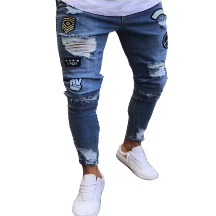 Vaqueros rotos de los hombres de moda versátil suelta elástica pantalones vaqueros de pierna pequeña - 1