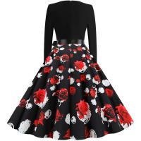 Women plaid print long sleeve vintage a line party dress v neck - details 167
